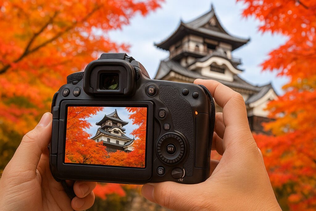 カメラの画面に犬山城と紅葉が映し出されている様子